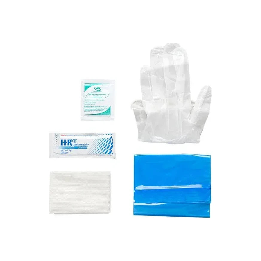 Image of TruCath Intermittent Catheter Insertion Kit. Vinyl PF Gloves, 5g Lube Jelly Packet, BZK wipe, Underpad and Drainage Bag with connector.