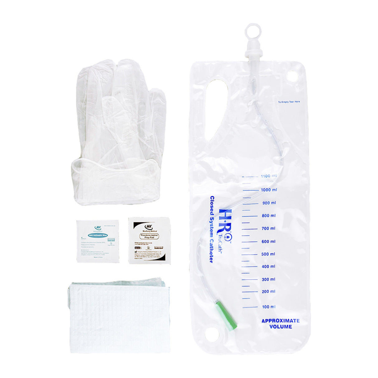 Image of TruCath Closed System Catheter Kit, 10FR. Contains vinyl powder free gloves, underpad, PVP and BZK wipes, 1200ml drainage bag.