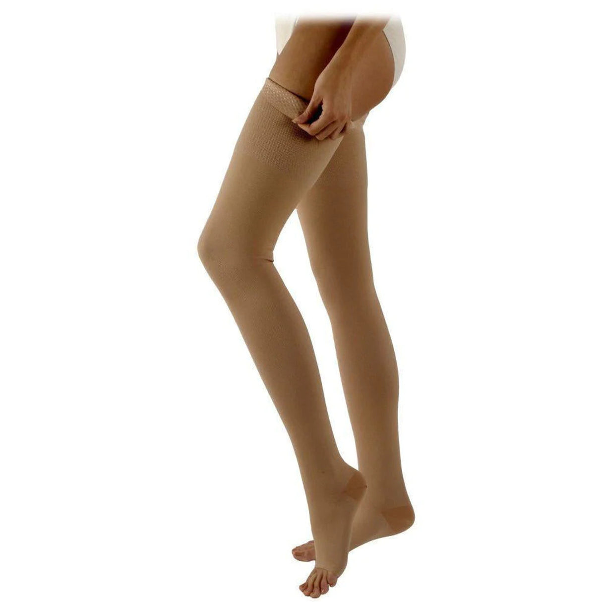 Image of Sigvaris Natural Rubber Thigh High Stockings M1 Size, 30 to 40mm Hg Compression, Beige, Open Toe, Unisex, Latex