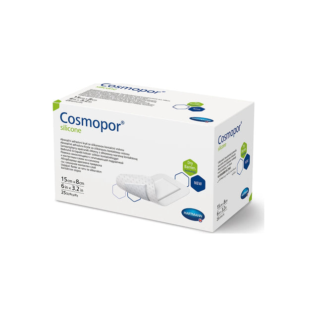 Image of Cosmopor Silicone Absorbent Island Dressing with Silicone Adhesive, Sterile 2” x 2.8” Dressing, 1” x 1.6” Pad